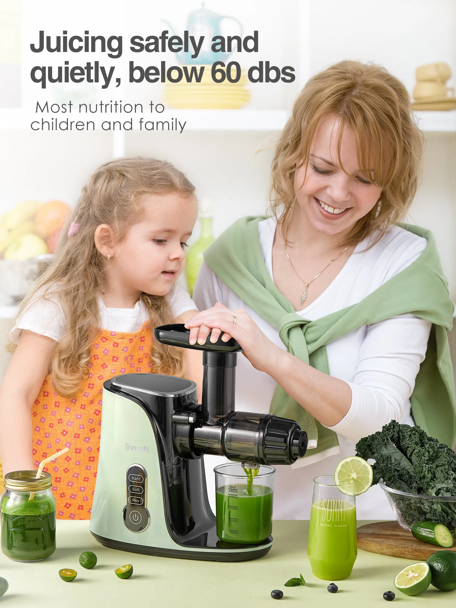 Brewsly Slow Masticating Juicer Extractor with 3-Mode 2-Speed, Cold Press Juicer Easy to Clean, Quiet Motor & Reverse Function, Juice Recipes for Vegetables and Fruits, Green