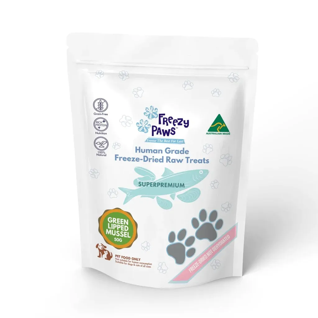 Freezy Paws Freeze Dried Human Grade New Zealand Green Lipped Mussels Dog and Cat Treats 50g