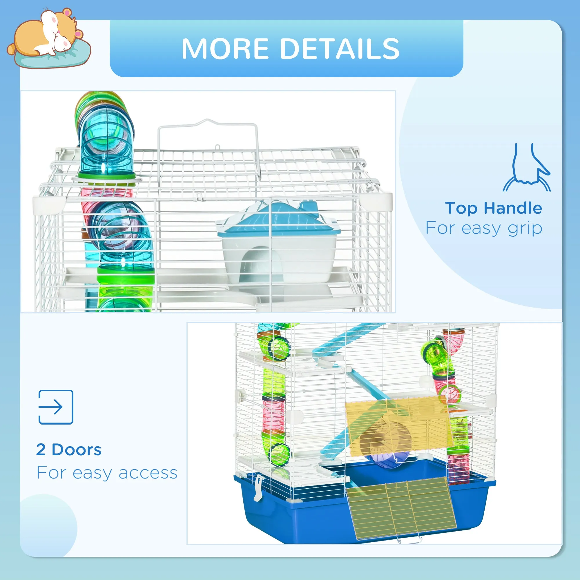 Hamster Cage with Tunnel Tube System, 5 Level Gerbil Haven with Water Bottle, Exercise Wheel, Food Dish, Ramps 59 cm x 36 cm x 69 cm - Blue