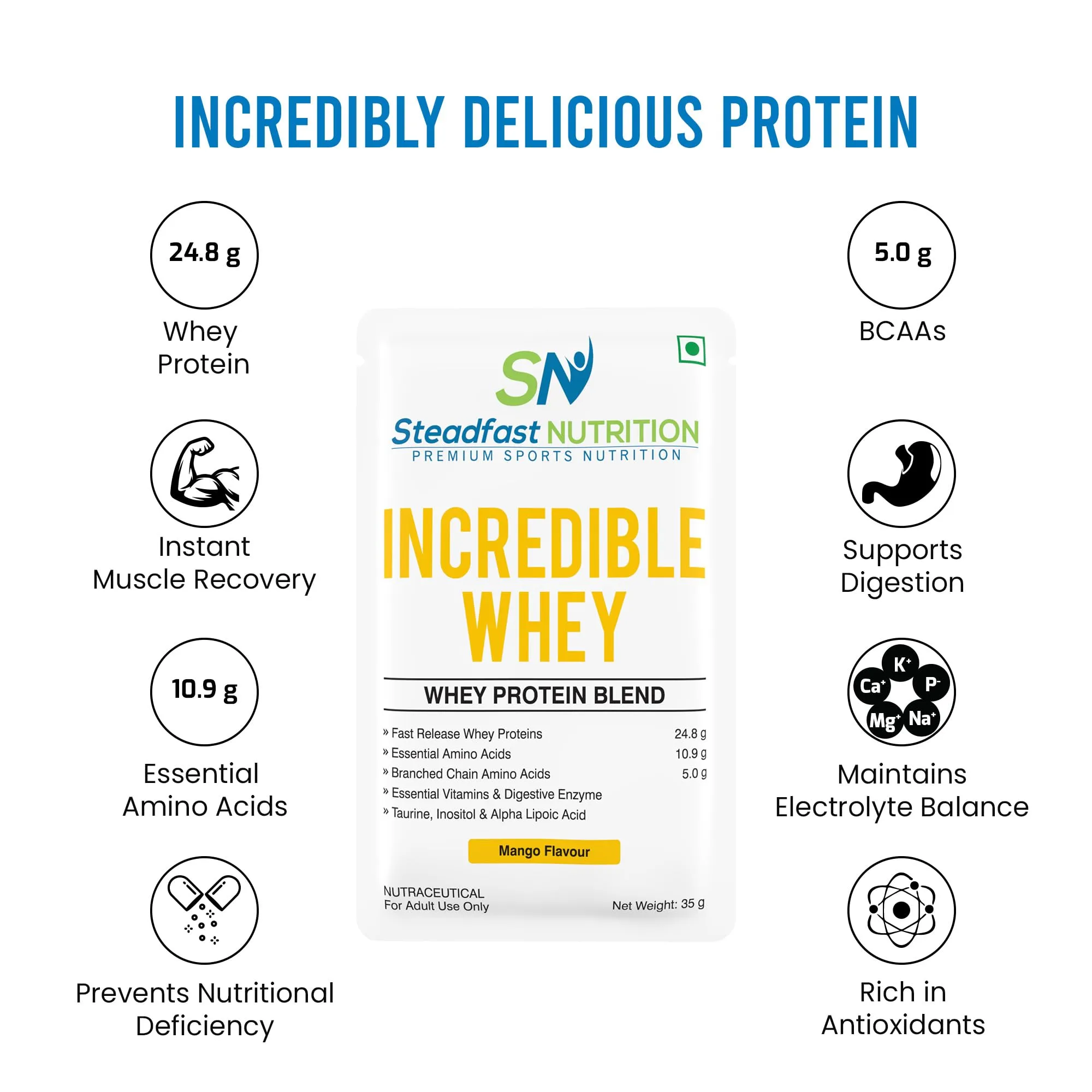 Steadfast Nutrition Incredible Whey Protein| Isolate and Concentrate Fast release Protein Powder for Men and Women No added preservatives (Mango, Pack of 6 Sachets)