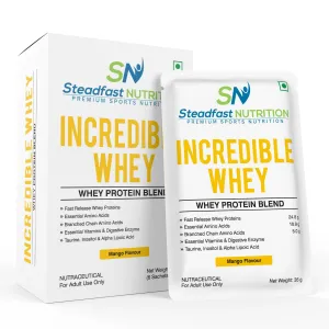 Steadfast Nutrition Incredible Whey Protein| Isolate and Concentrate Fast release Protein Powder for Men and Women No added preservatives (Mango, Pack of 6 Sachets)