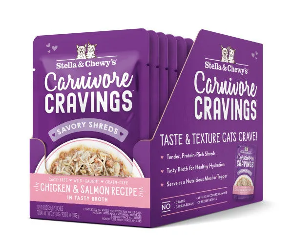 Stella & Chewy's Carnivore Cravings Savory Shreds - Chicken & Salmon Recipe Dinner in Broth, 2.8-oz Pouch