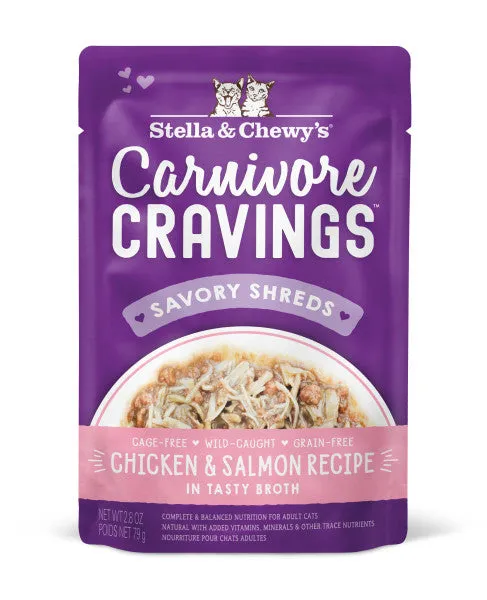 Stella & Chewy's Carnivore Cravings Savory Shreds - Chicken & Salmon Recipe Dinner in Broth, 2.8-oz Pouch