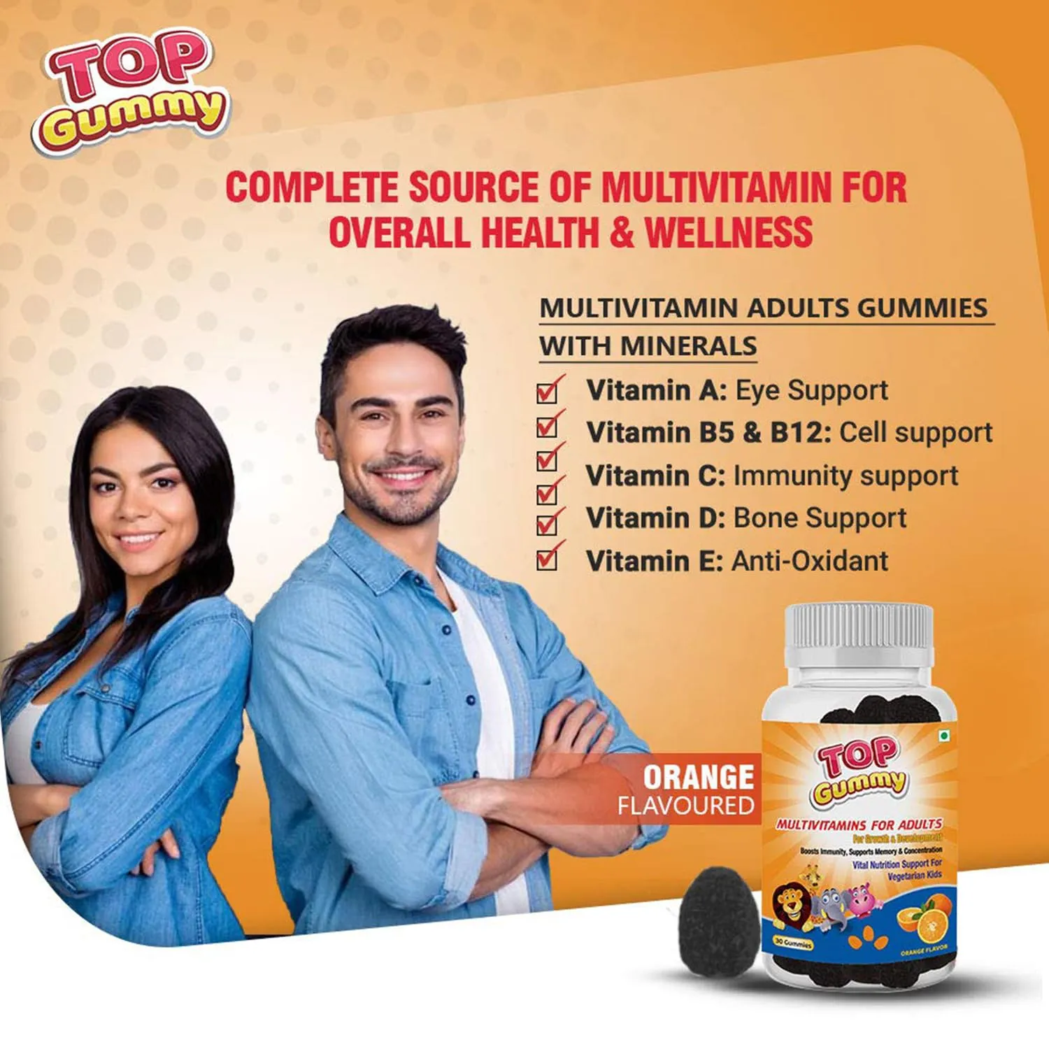 Top Gummy Multivitamin Gummies for Adults with 15 Vitamins & Minerals | Essential Vitamins For Growth, Development & Immunity | Gluten, Soy & Dairy Free - 30 Gummies (Orange Flavor) (Pack of 2)