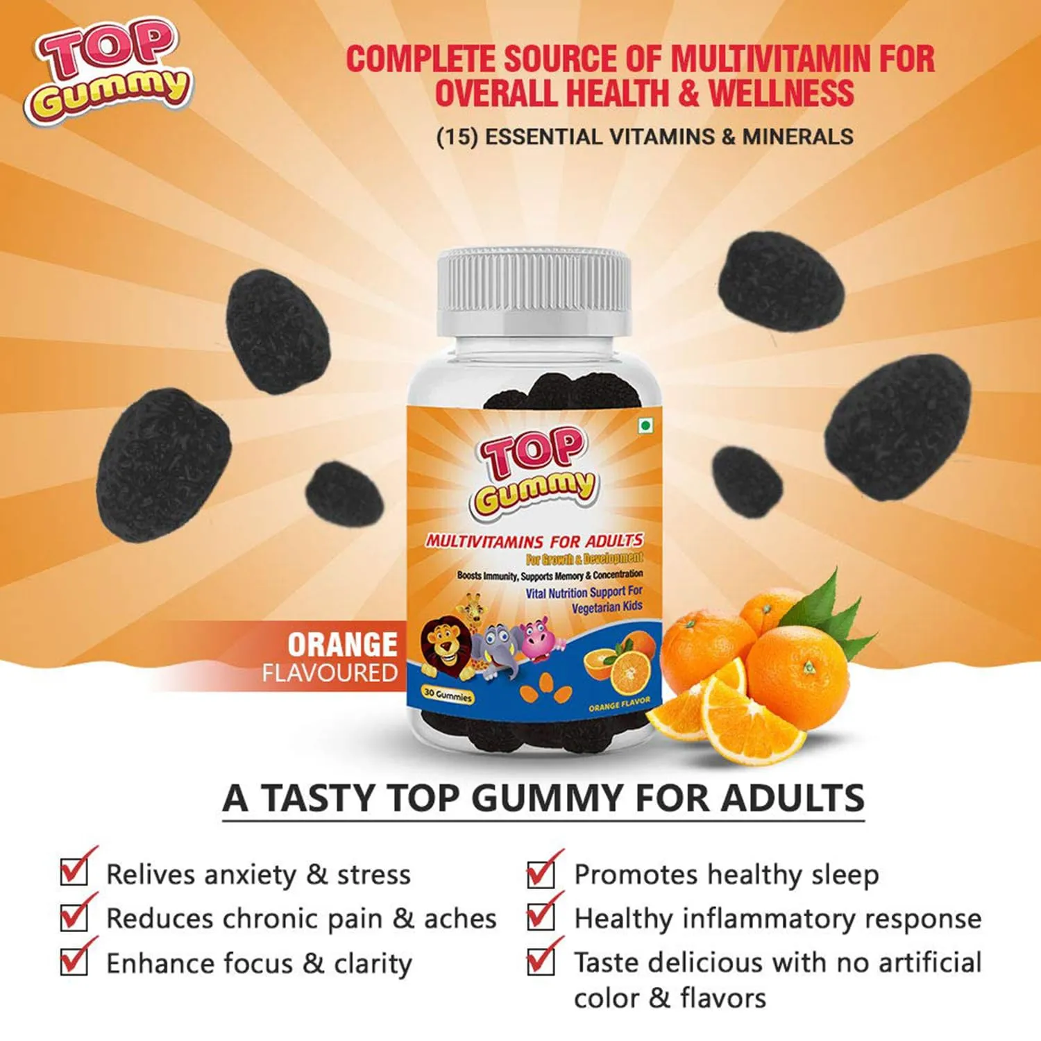 Top Gummy Multivitamin Gummies for Adults with 15 Vitamins & Minerals | Essential Vitamins For Growth, Development & Immunity | Gluten, Soy & Dairy Free - 30 Gummies (Orange Flavor) (Pack of 2)