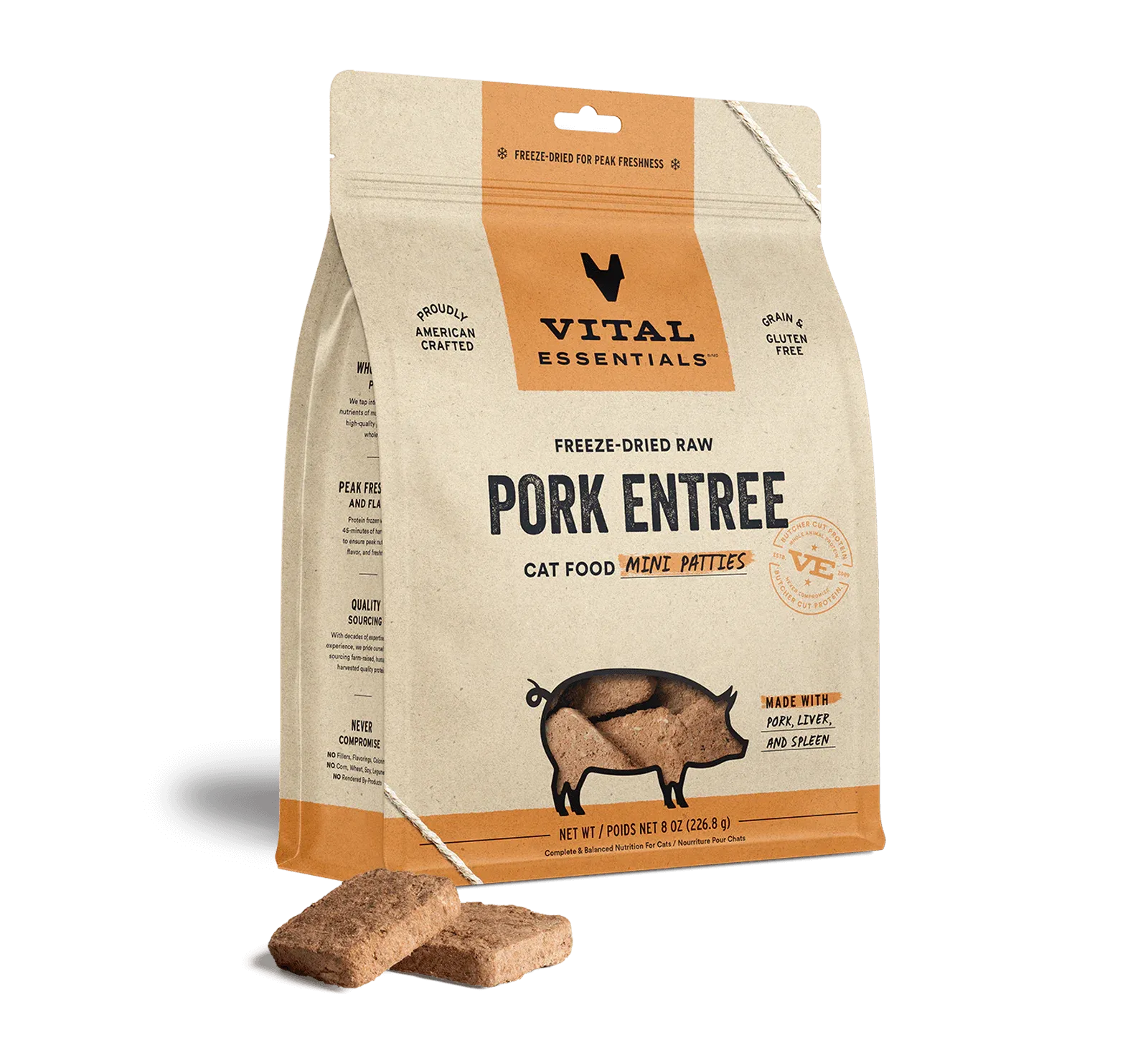 Vital Essentials Pork Mini Patties, Freeze-Dried Cat Food, 8-oz Bag