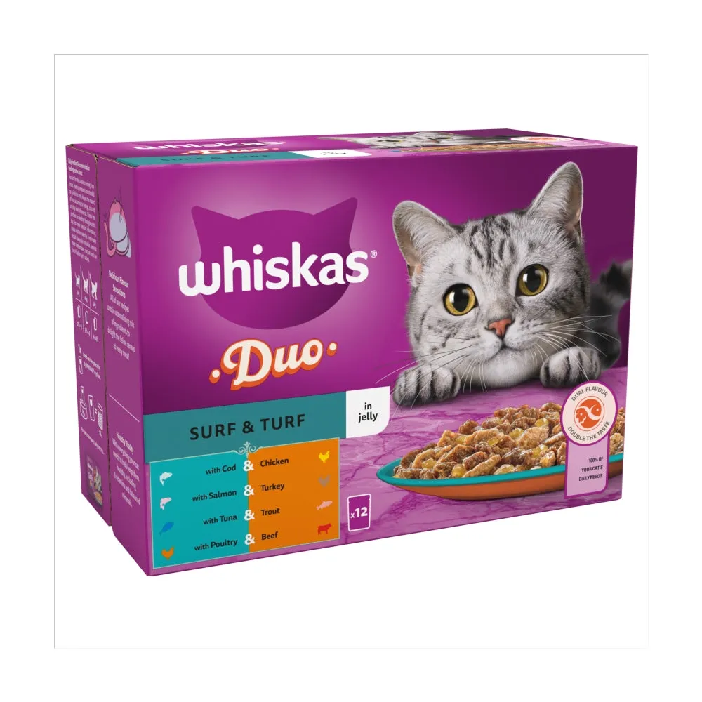 WHISKAS | Adult Wet Cat Food Pouches | Duo Surf & Turf In Jelly - 12 x 85g