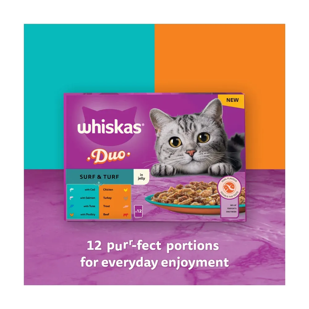 WHISKAS | Adult Wet Cat Food Pouches | Duo Surf & Turf In Jelly - 12 x 85g