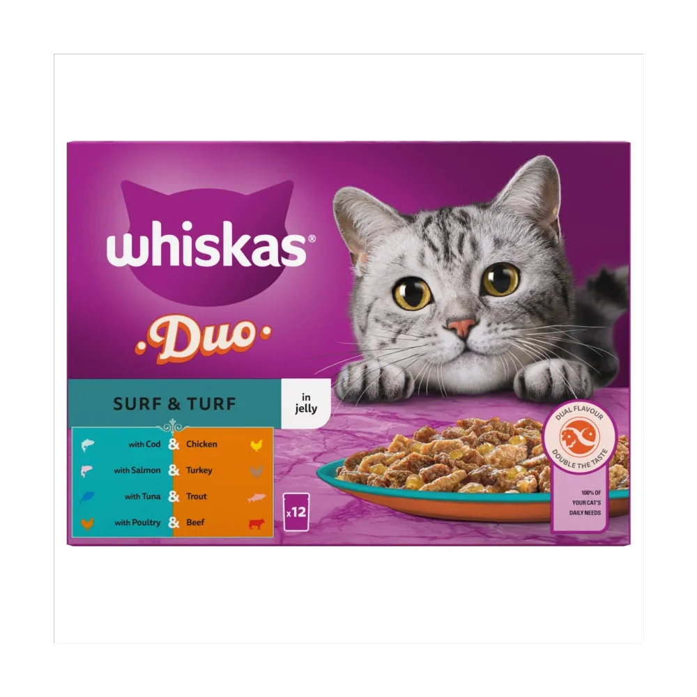 WHISKAS | Adult Wet Cat Food Pouches | Duo Surf & Turf In Jelly - 12 x 85g