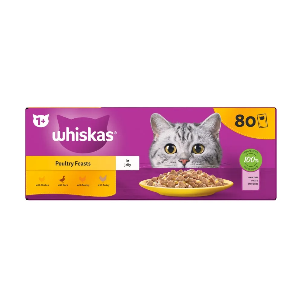 WHISKAS | Wet Cat Food Pouches | Poultry Feasts In Jelly - 80 x 85g