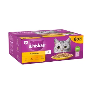 WHISKAS | Wet Cat Food Pouches | Poultry Feasts In Jelly - 80 x 85g